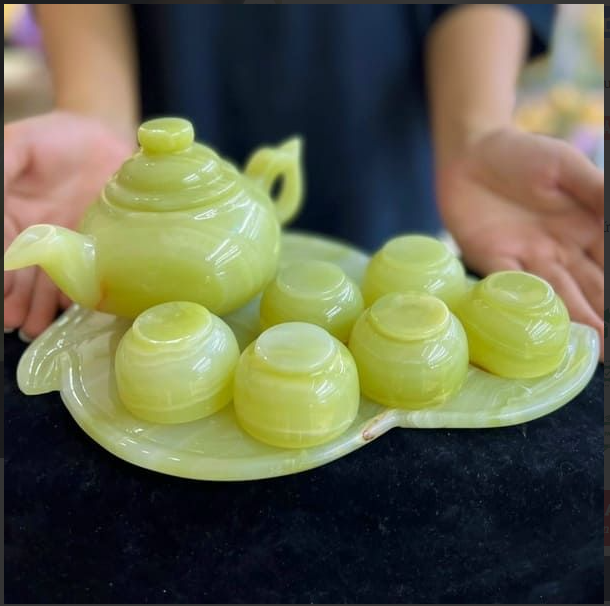 Bộ Ấm Chén Khay Tròn Bằng Chất Liệu Ngọc Onyx Trắng Xanh